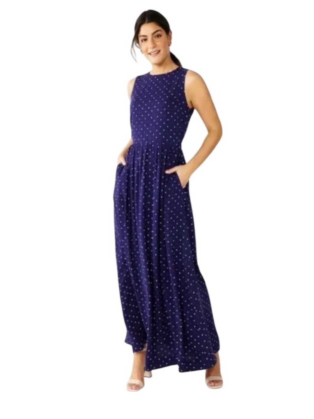 Draper James sz Small Sleeveless Navy Polka Dot Maxi Dress classic cottagecore